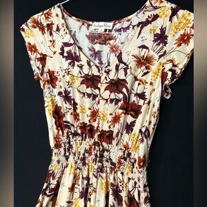 Retro Boho Floral Print Dress‎ - Natural Multicolor tones. Elastic cinched waist